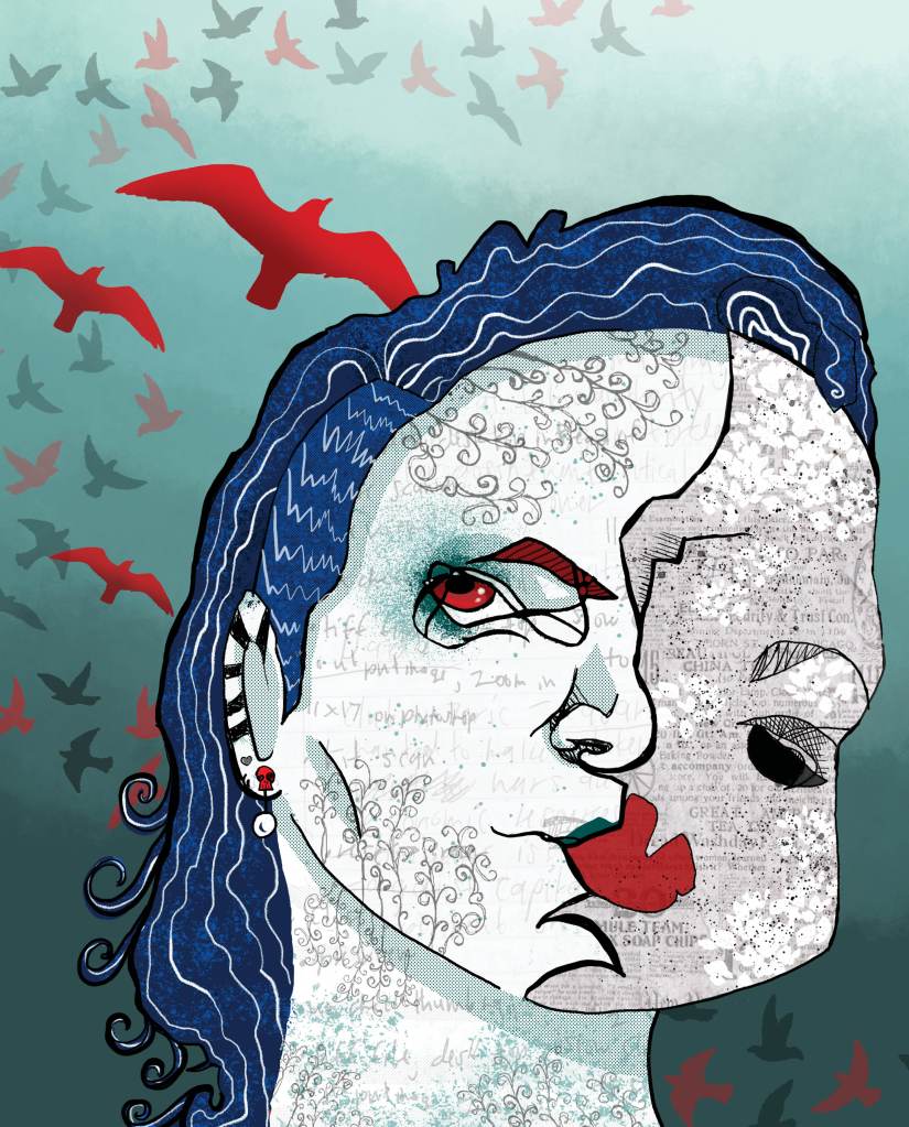 Stylized collage portrait featuring blue hair and red accents, surrounded by silhouettes of birds in flight.