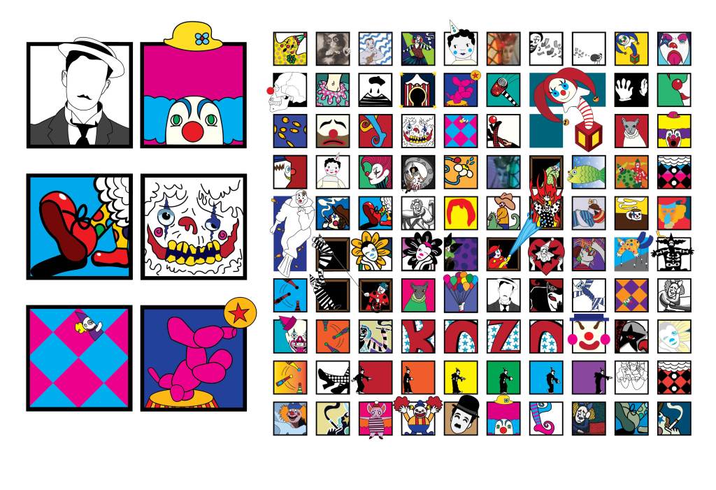 Grid of colorful pop-art illustrations featuring various clowns, circus motifs, and the word 'BOZO'.