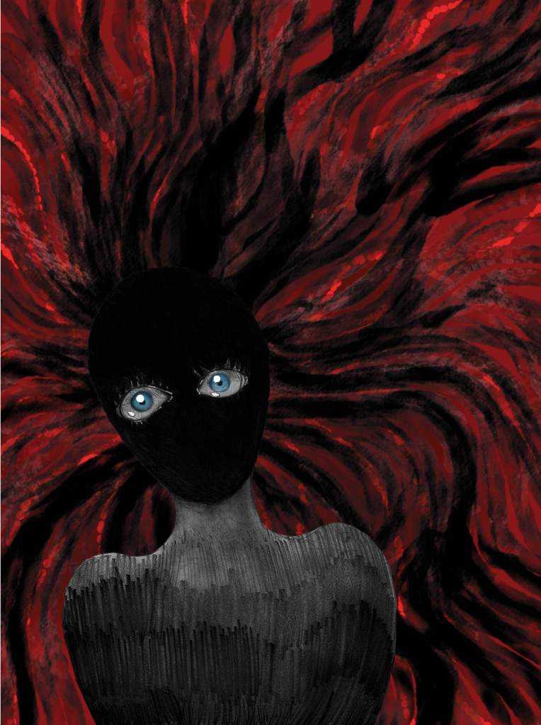 A dark figure with striking blue eyes and swirling black hair against a red background.