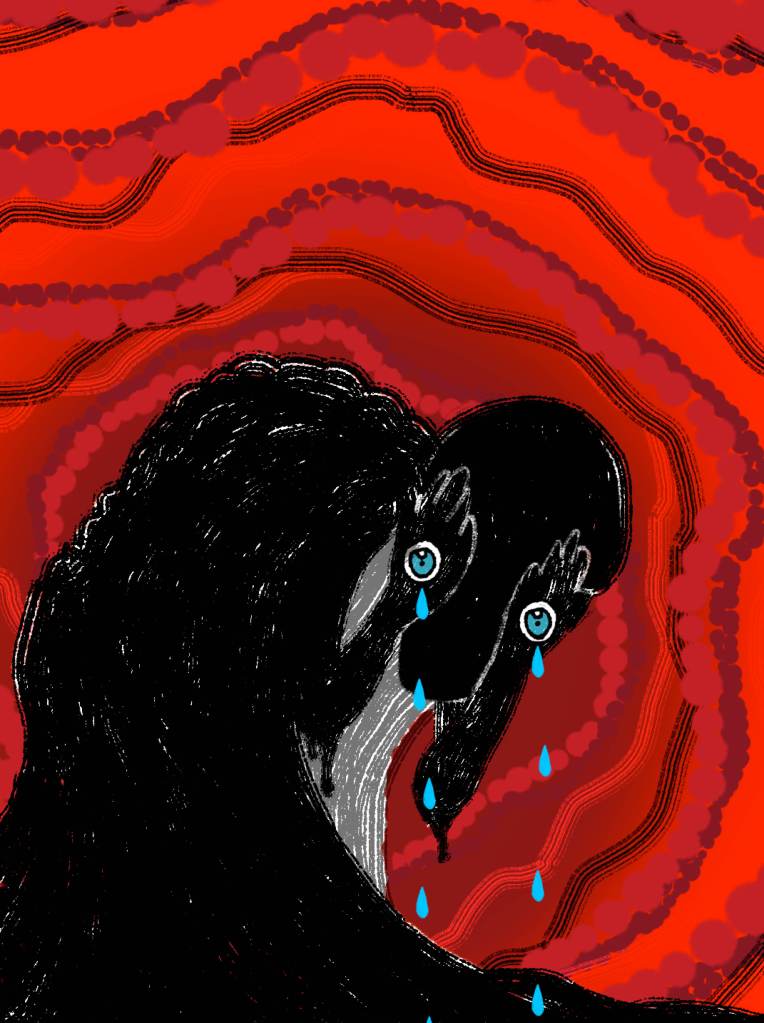 Stylized dark silhouette crying blue tears against an abstract, wavy red background.