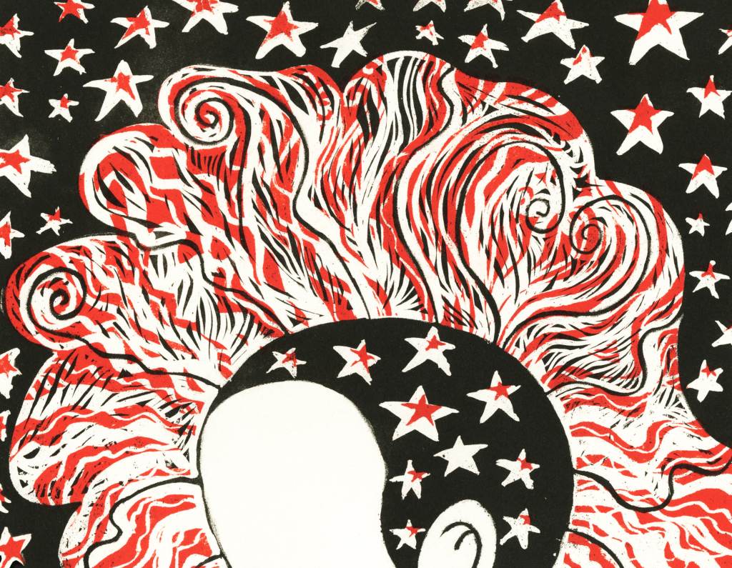 Stylized profile with swirling red, white, and black hair against a starry black background.