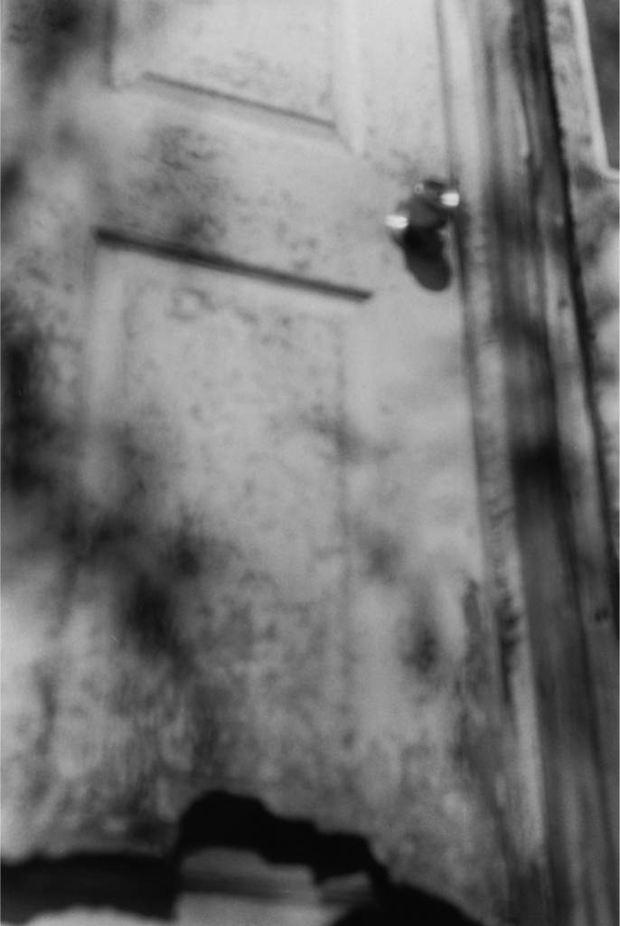 Blurry black and white photo of a weathered panelled door with shadows and damage
