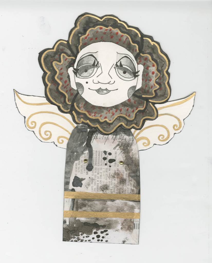 Mixed-media angel collage with a large smiling face and a body made from a store receipt.