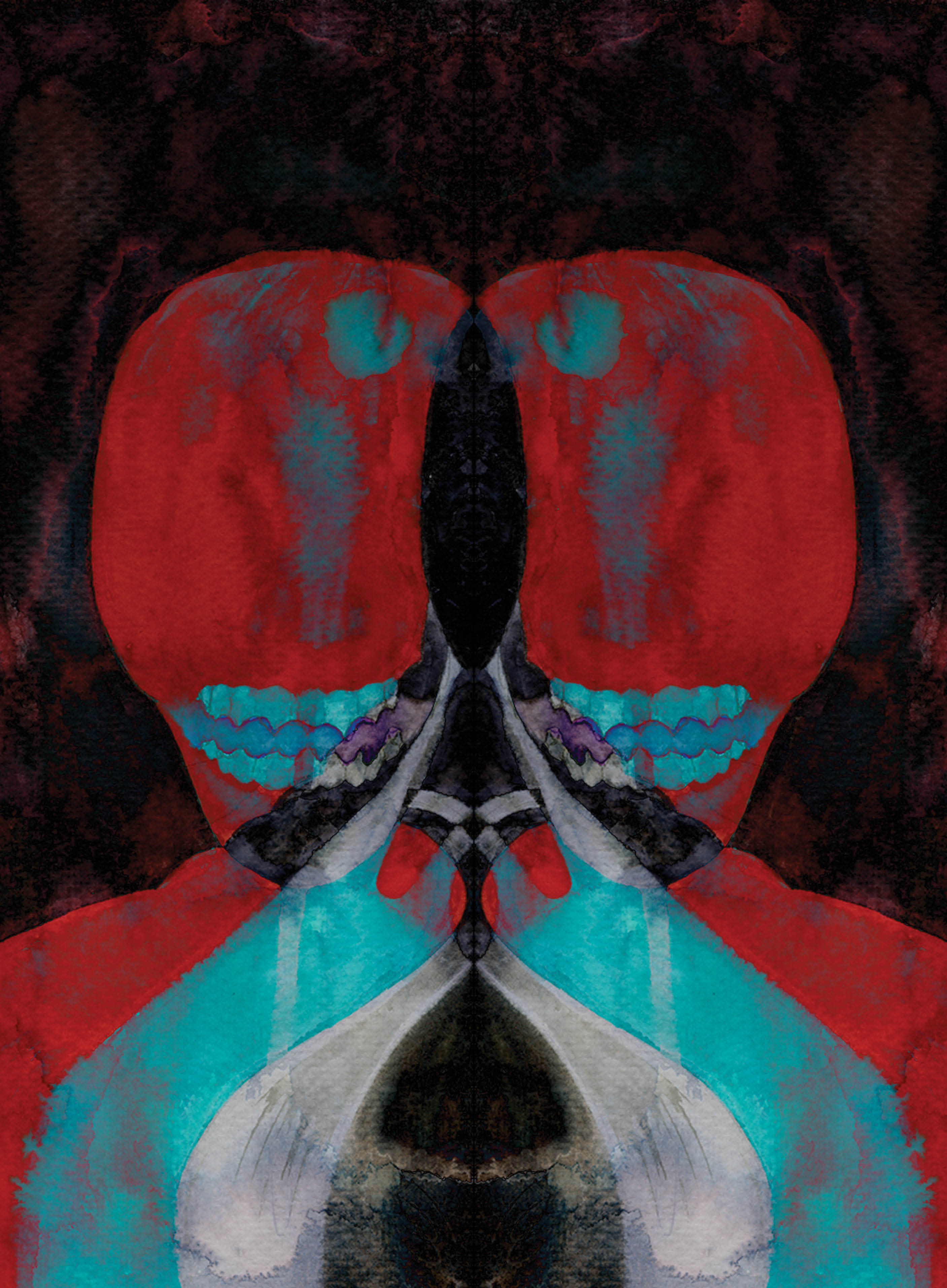 Symmetrical abstract watercolor featuring mirrored head-like forms in red, teal, and black