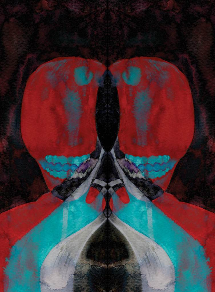 Symmetrical abstract watercolor featuring mirrored head-like forms in red, teal, and black