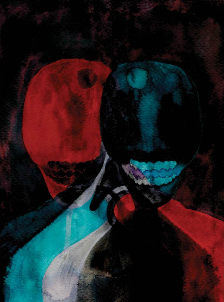 Abstract watercolor painting of two dark, skull-like figures with vibrant red and teal highlights